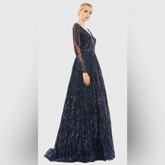 Long Sleeve Embellished Evening Gown Size 8 Color Midnight Blue